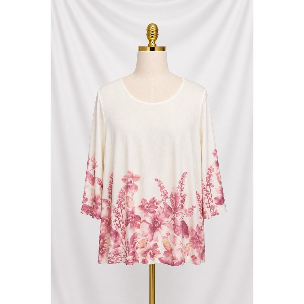 Susan Graver Printed Light Sweater Knit A-Line Tunic Top Pink A393743 Size XL